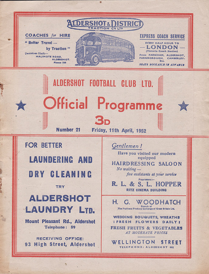 <b>Friday, April 11, 1952</b><br />vs. Aldershot (Away)